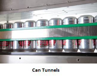 Close up of cans on a conveyor line in a can tunnel